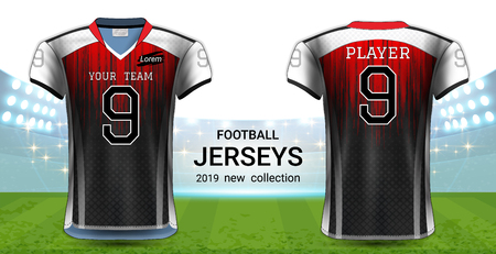 American Football or Soccer Jerseys Uniforms, T-Shirt Sport Mockup Template Front and Back View for Presentation, Fully Customize and Everything is Edible, Resizable and Color Change. (Eps10 Vector)のイラスト素材