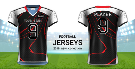 American Football or Soccer Jerseys Uniforms, T-Shirt Sport Mockup Template Front and Back View for Presentation, Fully Customize and Everything is Edible, Resizable and Color Change. (Eps10 Vector)のイラスト素材
