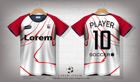 Soccer jersey and t-shirt sport mockup template, Graphic design for football kit or activewear uniforms, Ready for customize logo and name, Easily to change colors and lettering styles in your team.のイラスト素材