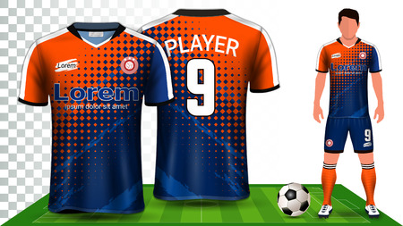 Soccer Jersey, Sport Shirt or Football Kit Uniform Presentation Mockup Template, Front and Back View Including Shorts and Socks and it is Fully Customizable Isolated on Transparent Background.のイラスト素材