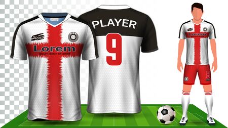 Soccer Jersey, Sport Shirt or Football Kit Uniform Presentation Mockup Template, Front and Back View Including Shorts and Socks and it is Fully Customisable Isolated on Transparent Background.のイラスト素材