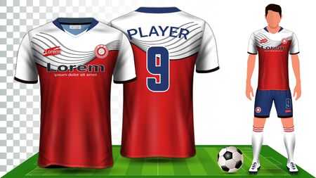 Soccer Jersey, Sport Shirt or Football Kit Uniform Presentation Mockup Template, Front and Back View Including Shorts and Socks and it is Fully Customisable Isolated on Transparent Background.のイラスト素材