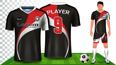 Soccer Jersey, Sport Shirt or Football Kit Uniform Presentation Mockup Template, Front and Back View Including Shorts and Socks and it is Fully Customisable Isolated on Transparent Background.のイラスト素材