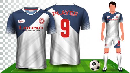 Soccer Jersey, Sport Shirt or Football Kit Uniform Presentation Mockup Template, Front and Back View Including Shorts and Socks and it is Fully Customisable Isolated on Transparent Background.のイラスト素材