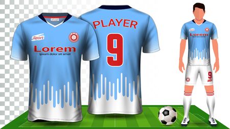 Soccer Jersey, Sport Shirt or Football Kit Uniform Presentation Mockup Template, Front and Back View Including Shorts and Socks and it is Fully Customisable Isolated on Transparent Background.のイラスト素材
