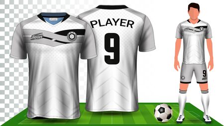 Soccer Jersey, Sport Shirt or Football Kit Uniform Presentation Mockup Template, Front and Back View Including Shorts and Socks and it is Fully Customisableのイラスト素材