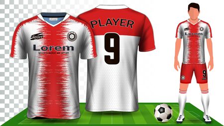 Soccer Jersey, Sport Shirt or Football Kit Uniform Presentation Mockup Template, Front and Back View Including Shorts and Socks and it is Fully Customisable Isolated on Transparent Background.のイラスト素材