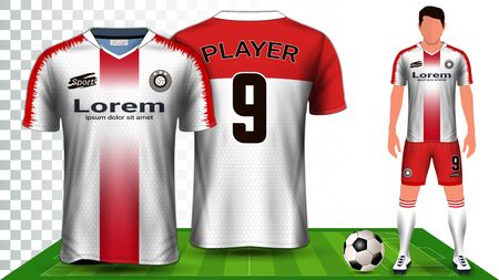 Soccer Jersey, Sport Shirt or Football Kit Uniform Presentation Mockup Template, Front and Back View Including Shorts and Socks and it is Fully Customisable Isolated on Transparent Background.のイラスト素材