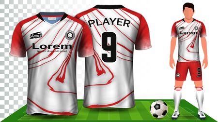 Soccer Jersey, Sport Shirt or Football Kit Uniform Presentation Mockup Template, Front and Back View Including Shorts and Socks and it is Fully Customisableのイラスト素材