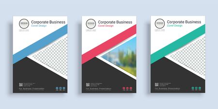 Poster cover book design template in A4 layout with space for photo background, 3 Color ways included, Use for annual report, proposal, portfolio, brochure, flyer, leaflet, catalog, magazine, booklet.のイラスト素材