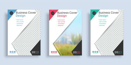 Poster cover book design template in A4 layout with space for photo background, 3 Color ways included, Use for annual report, proposal, portfolio, brochure, flyer, leaflet, catalog, magazine, booklet.のイラスト素材
