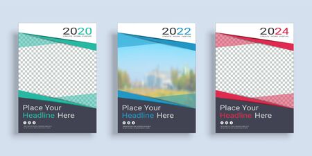 Poster cover book design template in A4 layout with space for photo background, 3 Color ways included, Use for annual report, proposal, portfolio, brochure, flyer, leaflet, catalog, magazine, booklet.のイラスト素材
