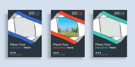 Poster cover book design template in A4 layout with space for photo background, 3 Color ways included, Use for annual report, proposal, portfolio, brochure, flyer, leaflet, catalog, magazine, booklet.のイラスト素材