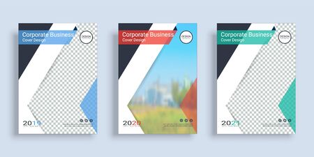 Poster cover book design template in A4 layout with space for photo background, 3 Color ways included, Use for annual report, proposal, portfolio, brochure, flyer, leaflet, catalog, magazine, booklet.のイラスト素材