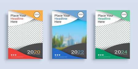 Poster cover book design template in A4 layout with space for photo background, 3 Color ways included, Use for annual report, proposal, portfolio, brochure, flyer, leaflet, catalog, magazine, booklet.のイラスト素材
