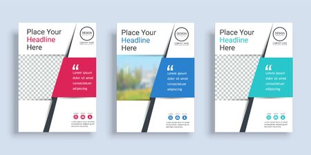 Poster cover book design template in A4 layout with space for photo background, 3 Color ways included, Use for annual report, proposal, portfolio, brochure, flyer, leaflet, catalog, magazine, booklet.のイラスト素材