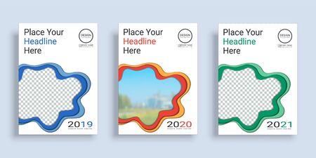 Poster cover book design template in A4 layout with space for photo background, 3 Color ways included, Use for annual report, proposal, portfolio, brochure, flyer, leaflet, catalog, magazine, booklet.のイラスト素材