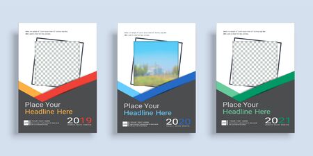 Poster cover book design template in A4 layout with space for photo background, 3 Color ways included, Use for annual report, proposal, portfolio, brochure, flyer, leaflet, catalog, magazine, booklet.のイラスト素材