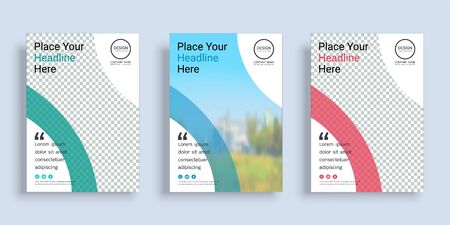 Poster cover book design template in A4 layout with space for photo background, 3 Color ways included, Use for annual report, proposal, portfolio, brochure, flyer, leaflet, catalog, magazine, booklet.のイラスト素材