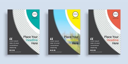 Poster cover book design template in A4 layout with space for photo background, 3 Color ways included, Use for annual report, proposal, portfolio, brochure, flyer, leaflet, catalog, magazine, booklet.のイラスト素材