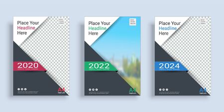 Poster cover book design template in A4 layout with space for photo background, 3 Color ways included, Use for annual report, proposal, portfolio, brochure, flyer, leaflet, catalog, magazine, booklet.のイラスト素材