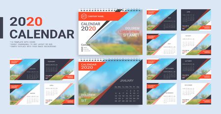 Desk Calendar 2020 template, 12 months and 13 template with cover included in A5 but easily to changeable to any layout or size and simply replace with your image background.のイラスト素材
