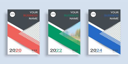 Poster cover book design template in A4 layout with space for photo background, 3 Color ways included, Use for annual report, proposal, portfolio, brochure, flyer, leaflet, catalog, magazine, booklet.のイラスト素材