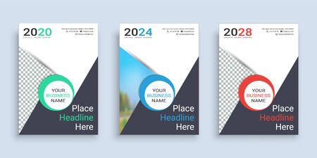 Poster cover book design template in A4 layout with space for photo background, 3 Color ways included, Use for annual report, proposal, portfolio, brochure, flyer, leaflet, catalog, magazine, booklet.のイラスト素材