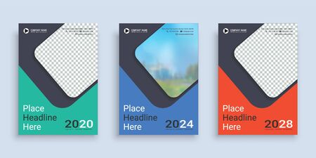 Poster cover book design template in A4 layout with space for photo background, 3 Color ways included, Use for annual report, proposal, portfolio, brochure, flyer, leaflet, catalog, magazine, booklet.のイラスト素材