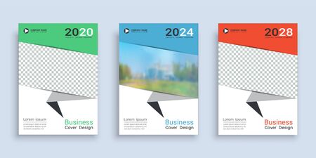 Poster cover book design template in A4 layout with space for photo background, 3 Color ways included, Use for annual report, proposal, portfolio, brochure, flyer, leaflet, catalog, magazine, booklet.のイラスト素材