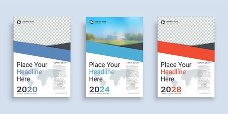Poster cover book design template in A4 layout with space for photo background, 3 Color ways included, Use for annual report, proposal, portfolio, brochure, flyer, leaflet, catalog, magazine, booklet.のイラスト素材