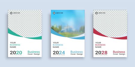 Poster cover book design template in A4 layout with space for photo background, 3 Color ways included, Use for annual report, proposal, portfolio, brochure, flyer, leaflet, catalog, magazine, booklet.のイラスト素材