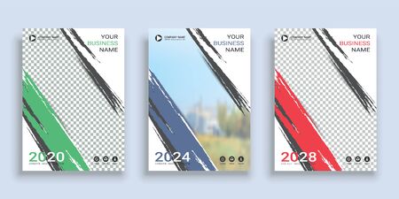 Poster cover book design template in A4 layout with space for photo background, 3 Color ways included, Use for annual report, proposal, portfolio, brochure, flyer, leaflet, catalog, magazine, booklet.のイラスト素材