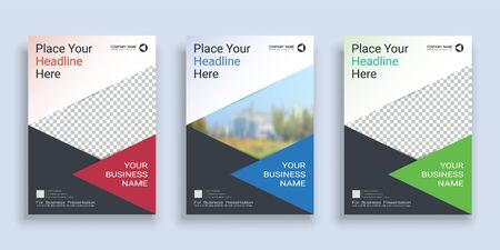 Poster cover book design template in A4 layout with space for photo background, 3 Color ways included, Use for annual report, proposal, portfolio, brochure, flyer, leaflet, catalog, magazine, booklet.のイラスト素材