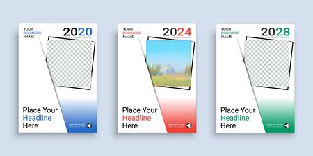 Poster cover book design template in A4 layout with space for photo background, 3 Color ways included, Use for annual report, proposal, portfolio, brochure, flyer, leaflet, catalog, magazine, booklet.のイラスト素材