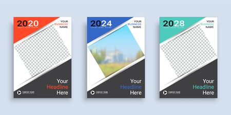 Poster cover book design template in A4 layout with space for photo background, 3 Color ways included, Use for annual report, proposal, portfolio, brochure, flyer, leaflet, catalog, magazine, booklet.のイラスト素材