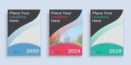 Poster cover book design template in A4 layout with space for photo background, 3 Color ways included, Use for annual report, proposal, portfolio, brochure, flyer, leaflet, catalog, magazine, booklet.のイラスト素材