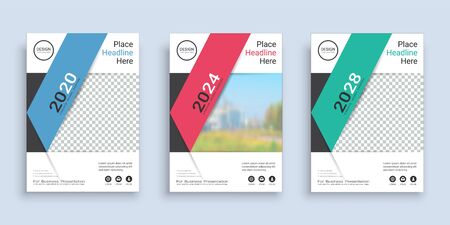Poster cover book design template in A4 layout with space for photo background, 3 Color ways included, Use for annual report, proposal, portfolio, brochure, flyer, leaflet, catalog, magazine, booklet.のイラスト素材