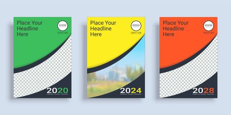 Poster cover book design template in A4 layout with space for photo background, 3 Color ways included, Use for annual report, proposal, portfolio, brochure, flyer, leaflet, catalog, magazine, booklet.のイラスト素材