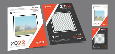 Poster cover book design template in A4 layout with space for photo background, Cmyk 2 tone color suitable for annual report, proposal, portfolio, brochure, flyer, leaflet, catalog, magazine, booklet.のイラスト素材