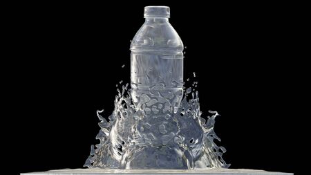 Bottle of water with splashes, 3D Render process, 4k Ultra HD 3840x2160.の写真素材