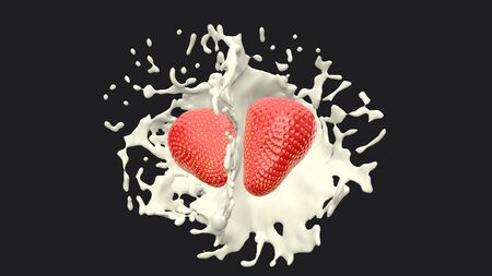 Two strawberries and milk splash, 3D Render process, 4k Ultra HD 3840x2160.の写真素材
