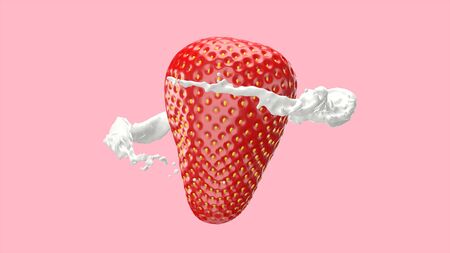 Strawberries and milk splash, 3D Render process, 4k Ultra HD 3840x2160.の写真素材