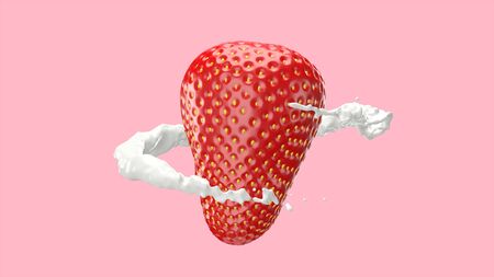 Strawberries and milk splash, 3D Render process, 4k Ultra HD 3840x2160.の写真素材