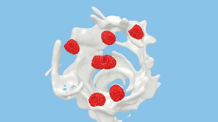 Raspberries falling into the milky splash, 3D Render process, 4k Ultra HD 3840x2160.の写真素材
