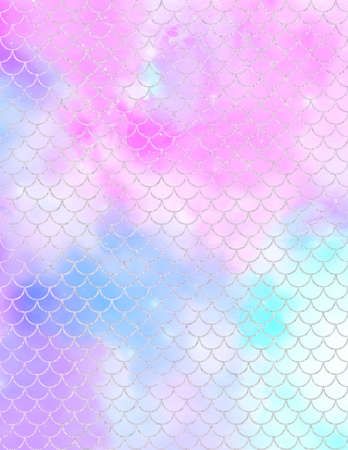 Mermaid scale digital paper, Colorful pastel watercolor texture covers set.の写真素材