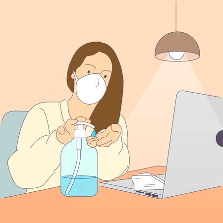 Woman working from home on laptop and sanitizing hands.のイラスト素材
