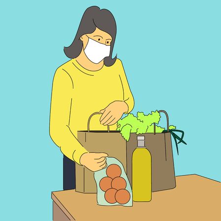 Woman with mask placing groceries on table.のイラスト素材