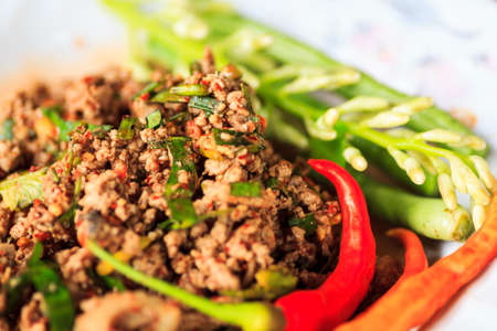 raw minced meat for thai food on a plateの写真素材