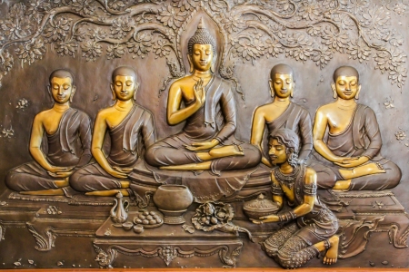art on metal plate about buddha history at temple in Udonthanee  province, Thailandのeditorial素材